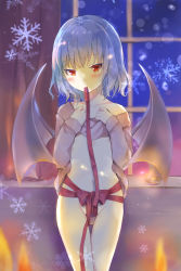 Rule 34 | 1girl, absurdres, alternate costume, bare shoulders, bat wings, blurry, blurry background, blurry foreground, candle, clothes lift, collarbone, commentary request, cowboy shot, flat chest, groin, hands up, highres, looking at viewer, mouth hold, naked sweater, navel, no headwear, off shoulder, red eyes, red ribbon, remilia scarlet, ribbon, shirt lift, snowflakes, solo, standing, sweater, touhou, window, wings, yurara (aroma42enola)