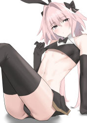 Rule 34 | 1boy, arm support, astolfo (fate), astolfo (saber) (fate), bad id, bad pixiv id, black bow, black bowtie, black gloves, blush, bow, bowtie, bulge, elbow gloves, fate/grand order, fate (series), foolfool 45, gloves, hair bow, hair intakes, highres, looking at viewer, male focus, nipples, pink hair, pulled by self, rabbit ears, simple background, solo, thighhighs, trap, white background