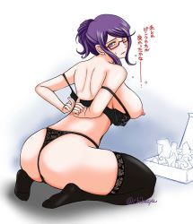 Rule 34 | 1girl, ass, back, bare shoulders, black thighhighs, blush, bra, breasts, chiba shuusaku, embarrassed, flying sweatdrops, from behind, frown, glasses, hair bun, kneeling, kyuujou lovers, lace, lace-trimmed legwear, lace trim, large breasts, lingerie, looking back, motomachi shouko, nipples, office lady, panties, purple eyes, purple hair, sideboob, single hair bun, solo, sweatdrop, thighhighs, thong, tissue, translated, underwear, undressing, wardrobe malfunction