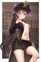 Rule 34 | 1girl, :q, absurdres, areola slip, black nails, blurry, blurry background, blush, border, breasts, breasts apart, brown coat, brown hair, brown shorts, coat, commentary, cowboy shot, flower, flower-shaped pupils, genshin impact, hair flaps, hand up, hat, hat flower, highres, hu tao (genshin impact), long hair, looking at viewer, nail polish, navel, open clothes, open coat, plum blossoms, porkpie hat, red eyes, shorts, small breasts, stomach, symbol-shaped pupils, thighs, tongue, tongue out, twintails, verozy, white border