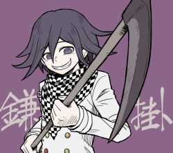 Rule 34 | 1boy, buttons, checkered clothes, checkered neckwear, checkered scarf, commentary request, danganronpa (series), danganronpa v3: killing harmony, double-breasted, grey jacket, grin, hair between eyes, holding, holding scythe, holding weapon, jacket, long sleeves, looking at viewer, male focus, namu (nurui cha), oma kokichi, purple background, scarf, scythe, simple background, smile, solo, translation request, weapon