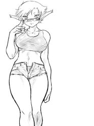 Rule 34 | 1girl, breasts, breath of fire, breath of fire v, dr.p, glasses, goggles, greyscale, large breasts, monochrome, pointy ears, short hair, solo, sunglasses, white background, zeno 1/128