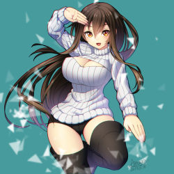Rule 34 | 1girl, 2017, amaga sakuramaru, aqua background, breasts, brown eyes, brown hair, cleavage cutout, clothing cutout, dated, long hair, looking at viewer, medium breasts, meme attire, open-chest sweater, original, ribbed sweater, signature, simple background, smile, solo, sweater, thighs, wide hips