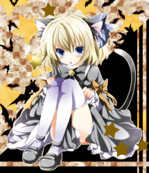 Rule 34 | 1girl, alice margatroid, alice margatroid (pc-98), animal ears, bad id, bad pixiv id, bell, black dress, blonde hair, blue eyes, blush, cat ears, cat girl, cat tail, dress, female focus, kemonomimi mode, nanase nao, open mouth, sitting, solo, tail, thighhighs, touhou, touhou (pc-98), zettai ryouiki