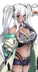 Rule 34 | 1girl, alabama (azur lane), azur lane, bandeau, bare shoulders, bikini, bikini top only, bikini under clothes, black bikini, black shorts, blush, bodypaint, breast hold, breasts, cleavage, clothes writing, commentary request, cowboy shot, detached collar, facepaint, facial mark, finger to mouth, food, hair between eyes, hand up, hey taisyou, highleg, highleg bikini, highleg panties, highres, jacket, large breasts, native american, navel, open clothes, open jacket, panties, pubic tattoo, red eyes, short shorts, shorts, silver hair, solo, standing, stomach, strapless, string bikini, swimsuit, tattoo, thong, thong bikini, thought bubble, tube top, turkey (food), twintails, underwear, whisker markings, white jacket