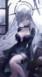 Rule 34 | 1girl, ahoge, animal ear fluff, animal ears, arm support, assault rifle, bare legs, black choker, black dress, black gloves, blue archive, blue eyes, breasts, bright pupils, choker, cityscape, closed mouth, collarbone, cross hair ornament, dress, earrings, expressionless, extra ears, floating hair, gloves, grey hair, grey sky, gun, hair behind ear, hair between eyes, hair ornament, halo, highres, jewelry, large breasts, long hair, long sleeves, looking at viewer, mismatched pupils, plant, pouch, rifle, rity, shiroko (blue archive), shiroko terror (blue archive), sig sauer 556, sitting, sky, solo, stud earrings, thigh pouch, thigh strap, thighs, twitter username, very long hair, weapon, white pupils, wide sleeves, window, wolf ears