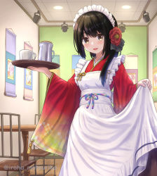 Rule 34 | 1girl, :d, apron, black hair, brown eyes, brown skirt, chain, commentary request, cup, flower, frilled apron, frills, hair flower, hair ornament, highres, holding, holding tray, indoors, iroha (iroha matsurika), japanese clothes, kimono, long hair, long sleeves, looking at viewer, maid, maid headdress, open mouth, original, red flower, red kimono, skirt, smile, solo, table, tray, twitter username, wa maid, white apron, wide sleeves