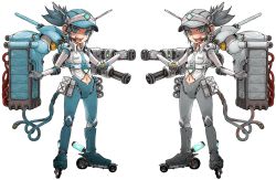 Rule 34 | 2girls, blue eyes, blue hair, grey eyes, grey hair, hat, machinery, mecha musume, multiple girls, necktie, oomori harusame, open mouth, original, outstretched arms, roller skates, skates, smile, spread arms, symmetry, tube