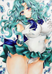 1girl aqua_choker aqua_gemstone aqua_hair aqua_sailor_collar aqua_skirt bishoujo_senshi_sailor_moon blue_bow blue_bowtie blue_eyes blush bow bowtie breasts bubble closed_mouth covered_navel cowboy_shot elbow_gloves gloves hands_on_own_chest highleg highleg_leotard highres kaiou_michiru large_breasts leotard long_hair looking_at_viewer miniskirt parted_bangs pleated_skirt sailor_collar sailor_neptune sailor_senshi_uniform skirt smile solo tiara traditional_media twobee upper_body wavy_hair white_background white_gloves white_leotard