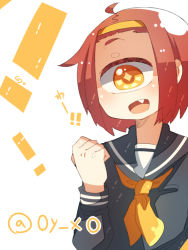 Rule 34 | !, !!, 1girl, :d, ahoge, brown hair, clenched hand, cyclops, fang, hairband, head tilt, looking at viewer, muroku (aimichiyo0526), one-eyed, open mouth, original, school uniform, serafuku, simple background, smile, solo, sparkling eyes, symbol in eye, twitter username, upper body, white background