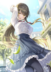 Rule 34 | 1girl, black pantyhose, blouse, blue skirt, blue sky, blush, frilled shirt, frilled skirt, frills, green hair, highres, leaf, long hair, long sleeves, looking at viewer, neck ribbon, open mouth, original, pantyhose, red ribbon, ribbon, shirt, skirt, sky, smile, solo, standing, sunlight, tan (tangent), white shirt, yellow eyes