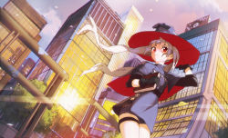 Rule 34 | 1girl, absurdres, black gloves, black shorts, book, building, capelet, city, closed mouth, cloud, gloves, grey hair, hand on headwear, hat, highres, holding, holding book, letro, long hair, original, outdoors, red eyes, shorts, sign, sky, skyscraper, solo, thigh strap, tree, twintails, wind, witch hat