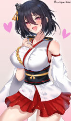 Rule 34 | 1girl, black hair, breasts, chamumi (mochiumee), detached sleeves, epaulettes, gradient background, hair ornament, hakama, hakama skirt, hand on own chest, headgear, japanese clothes, kantai collection, large breasts, looking at viewer, nontraditional miko, one-hour drawing challenge, open mouth, pink background, red eyes, red skirt, sash, short hair, skirt, smile, solo, wide sleeves, yamashiro (kancolle)
