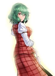 Rule 34 | 1girl, breasts, commentary request, cowboy shot, green hair, hair between eyes, highres, holding, holding umbrella, juliet sleeves, kazami yuuka, large breasts, long sleeves, looking at viewer, looking back, outline, pink lips, plaid, plaid skirt, plaid vest, puffy sleeves, red eyes, red skirt, red vest, shirt, short hair, simple background, skirt, skirt set, smile, solo, standing, touhou, umbrella, vest, white background, white shirt, y2, yellow outline