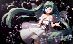 Rule 34 | 1girl, :d, aqua hair, bare shoulders, black background, black ribbon, blue eyes, blush, collarbone, dress, floating hair, frilled dress, frills, hair ribbon, hand on own chest, hand up, hatsune miku, highres, long hair, looking at viewer, musical note, negative space, off-shoulder dress, off shoulder, open mouth, petals, ribbon, sidelocks, smile, solo, twintails, very long hair, vocaloid, white dress, yang423