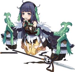 Rule 34 | 1girl, arm warmers, black hair, blush, finger in own mouth, full body, hairband, holding, holding polearm, holding spear, holding weapon, looking at viewer, matsue (oshiro project), official art, oshiro project:re, oshiro project:re, polearm, purple eyes, seiza, sitting, skirt, smile, solo, spear, standing, torn clothes, transparent background, weapon, white skirt, yuu (higashi no penguin)