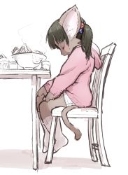 Rule 34 | 1girl, 3yo4yo5yo, animal ears, black hair, blush, bowl, cat ears, cat tail, chair, child, female focus, food, furry, furry female, highres, hood, hoodie, original, partially colored, pink hoodie, short shorts, shorts, sitting, sleeves past wrists, solo, table, tail, twintails