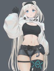 Rule 34 | 1girl, animal ears, arknights, aurora (arknights), aurora (elite ii) (arknights), bear ears, black gloves, black hairband, black shirt, blue eyes, breasts, cleavage, commentary, cowboy shot, crop top, gloves, grey background, grey shorts, hairband, hand up, infection monitor (arknights), large breasts, long hair, long sleeves, looking at viewer, loong (loong blo), midriff, navel, parted lips, pouch, shirt, short shorts, shorts, shrug (clothing), silver hair, simple background, solo, standing, stomach, thigh strap, thighs, very long hair