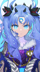 Rule 34 | 1girl, blue eyes, blue hair, character request, closed mouth, collarbone, crescent, crescent facial mark, facial mark, fate/grand order, fate (series), fur trim, gradient background, ishtar (fate), long hair, solo, space ishtar (astarte origin) (fate), space ishtar (fate), star-shaped pupils, star (symbol), symbol-shaped pupils, teshima nari, upper body