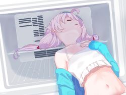 Rule 34 | 1girl, 241543903, ahoge, bikini, blue-tinted eyewear, blue archive, blue jacket, closed eyes, collarbone, commentary, eyewear on head, flat chest, freezer, freezer interior, frilled bikini, frills, hair bobbles, hair ornament, highres, hoshino (blue archive), hoshino (swimsuit) (blue archive), jacket, long sleeves, low twintails, navel, official alternate costume, parted lips, photo-referenced, pink hair, simpelplant, solo, stomach, sunglasses, swimsuit, tinted eyewear, twintails, upper body, white-framed eyewear, white bikini