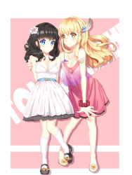 Rule 34 | 2girls, arms behind back, bare shoulders, belt, black hair, blonde hair, blue eyes, blush, breasts, buckle, character request, cleavage, collarbone, dress, feathers, flower, full body, hair flower, hair ornament, highres, hug, jewelry, kneehighs, legs, mary janes, multiple girls, necklace, original, pendant, pink background, shoes, simple background, sleeveless, sleeveless dress, slippers, smile, socks, standing, totem (fujihan), white dress, yellow eyes
