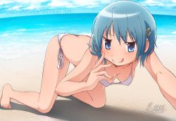 Rule 34 | 10s, 1girl, artist name, ass, beach, bikini, blue eyes, blue hair, blue sky, blush, breasts, butt crack, cleavage, collarbone, dated, day, downblouse, downpants, fortissimo, hair ornament, hairclip, hanging breasts, legs, looking at viewer, magia record: mahou shoujo madoka magica gaiden, mahou shoujo madoka magica, mahou shoujo madoka magica (anime), medium breasts, miki sayaka, musical note, musical note hair ornament, ocean, sand, short hair, side-tie bikini bottom, sky, smile, solo, swimsuit, thighs, tongue, tongue out, v-shaped eyebrows, water, white bikini, yanmaami