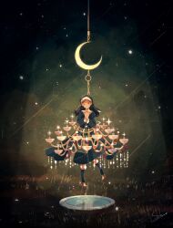 Rule 34 | 1girl, atelier umiyury, brown footwear, chandelier, commentary, crescent moon, dress, grass, habit, highres, moon, night, night sky, nun, one eye closed, original, own hands together, plate, praying, procreate (medium), shooting star, signature, sky, socks, solo, standing, star (sky), starry sky