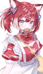 Rule 34 | 1girl, akami karubi, animal ears, bag, blue ribbon, boned meat, bow, breasts, cleavage, collarbone, food, food in mouth, hair ornament, hair ribbon, heart, heart hair ornament, highres, indie virtual youtuber, meat, medium breasts, misumi (macaroni), mouth hold, multicolored hair, red bow, red hair, red shirt, ribbon, shirt, shoulder bag, simple background, skirt, solo, star-shaped bag, streaked hair, suspender skirt, suspenders, twintails, virtual youtuber, white background, white hair, white skirt