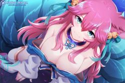 1girl, ahri, animal ears, animated, aqua eyes, armpit crease, artist name, bangs, bare shoulders, bell, blue neckwear, blue ribbon, blurry, blush, breasts, cleavage, commentary, english commentary, eyebrows visible through hair, fox ears, fox tail, hair bell, hair between eyes, hair ornament, huge filesize, jewelry, jingle bell, large breasts, league of legends, long hair, looking at viewer, multiple tails, nail polish, patreon logo, patreon username, pink hair, reward available, ribbon, shiny, shiny hair, sollyz, solo, spirit blossom ahri, tail, watermark, web address