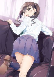 Rule 34 | 1girl, black socks, blush, brown eyes, brown footwear, brown hair, collared shirt, commentary request, couch, curtains, feet out of frame, idolmaster, idolmaster cinderella girls, loafers, long hair, long sleeves, looking at viewer, looking back, miri (ago550421), mole, mole under eye, on couch, open mouth, pleated skirt, purple skirt, sharp teeth, shirt, shoe soles, shoes, skirt, socks, solo, sunazuka akira, teeth, transparent, twintails, white shirt, window