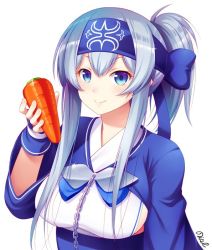 Rule 34 | &gt;:), 10s, 1girl, artist name, blue eyes, blue hair, carrot, chain, commentary request, headband, kamoi (kancolle), kantai collection, long hair, looking at viewer, noise (tsuzuki), ponytail, sidelocks, signature, simple background, smile, solo, upper body, v-shaped eyebrows, white background