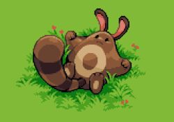 Rule 34 | black eyes, came2slide, closed mouth, commentary, creatures (company), english commentary, flower, full body, game freak, gen 2 pokemon, grass, lowres, lying, nintendo, no humans, on back, outdoors, pixel art, pokemon, pokemon (creature), pokemon tcg, reference work, sentret, solo