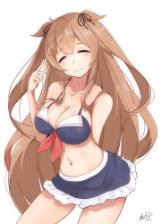 Rule 34 | 1girl, absurdres, adapted costume, arms behind back, bikini, bikini skirt, black bikini, black ribbon, black skirt, breasts, closed eyes, closed mouth, collarbone, cowboy shot, gradient hair, hair between eyes, hair ornament, hair ribbon, hairclip, highres, kantai collection, large breasts, light brown hair, long hair, multicolored hair, murasame (kancolle), murasame kai ni (kancolle), navel, neve (morris-minicooper), ribbon, signature, simple background, skirt, smile, solo, standing, swimsuit, two side up, v, very long hair, white background