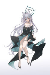 Rule 34 | 1girl, absurdres, animal ear fluff, animal ears, ash (cat7evy), black choker, black dress, black footwear, blue archive, blue eyes, breasts, choker, cleavage, cross hair ornament, dark halo, dress, extra ears, full body, grey hair, hair between eyes, hair ornament, halo, highres, jewelry, large breasts, long hair, necklace, open mouth, shiroko (blue archive), shiroko terror (blue archive), shoes, simple background, sleeves past elbows, solo, thigh strap, white background, wolf ears