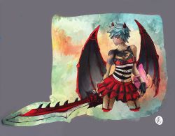 Rule 34 | 1girl, androgynous, bare shoulders, black gloves, blue hair, breasts, cleavage, closed mouth, collarbone, cropped legs, demon girl, demon horns, demon wings, fingerless gloves, fiona (mabinogi), garter straps, gloves, highres, holding, holding sword, holding weapon, horns, layered skirt, looking at viewer, mabinogi, mabinogi heroes, medium breasts, red eyes, red skirt, red thighhighs, short hair, signature, skirt, smile, solo, sword, thighhighs, unsheathed, weapon, wings, zettai ryouiki
