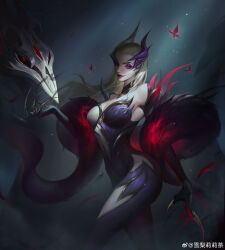 Rule 34 | 1girl, absurdres, artist name, blonde hair, breasts, bug, butterfly, claw (weapon), cleavage, closed mouth, coven evelynn, cowboy shot, evelynn (league of legends), eyeshadow, fog, hair slicked back, highres, insect, large breasts, league of legends, looking at viewer, makeup, moonlight, night, official alternate costume, official alternate hairstyle, outdoors, red butterfly, red eyes, smile, solo, standing, sydney lily, weapon