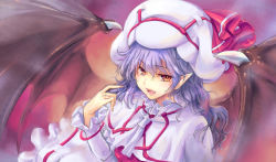 Rule 34 | 1girl, ascot, bat wings, blood, blue hair, capelet, curiosities of lotus asia, dress, fangs, hat, hat ribbon, kiyama satoshi, long sleeves, looking at viewer, open mouth, pointy ears, red eyes, remilia scarlet, ribbon, saliva, saliva trail, smile, solo, touhou, upper body, white dress, wings