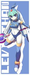 Rule 34 | 1girl, artist request, blue eyes, bodysuit, boots, border, bracelet, breasts, capcom, character name, framed, gloves, helmet, high heels, highres, holding, holding weapon, jewelry, leg up, fairy leviathan (mega man), medium breasts, outstretched arm, pale skin, polearm, mega man (series), mega man zero (series), smile, solo, spear, text focus, thigh boots, thighhighs, weapon, white gloves