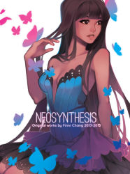 Rule 34 | 1girl, artbook, blue butterfly, blue dress, breasts, brown eyes, brown hair, bug, butterfly, cover, cover page, dark-skinned female, dark skin, dress, finni chang, hair flip, insect, lips, long hair, looking to the side, medium breasts, nose, original, sitting, solo, strapless, strapless dress, very long hair
