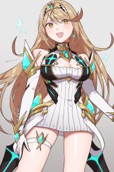 Rule 34 | 1girl, bare shoulders, blonde hair, blush, breasts, chest jewel, cleavage, dress, earrings, elbow gloves, gloves, headpiece, highres, jewelry, large breasts, long hair, looking at viewer, mythra (xenoblade), open mouth, peach11 01, smile, solo, swept bangs, tiara, very long hair, xenoblade chronicles (series), xenoblade chronicles 2, yellow eyes