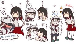 Rule 34 | 10s, 2girls, akagi (kancolle), betchan, blonde hair, blue eyes, blush, brown eyes, brown hair, cleaning, cleaning face, commentary, closed eyes, graf zeppelin (kancolle), handkerchief, hat, japanese clothes, kantai collection, long hair, military, military uniform, multiple girls, numbered, skirt, sparkle, steam, thighhighs, translation request, twintails, uniform, white background, wiping face, aged down