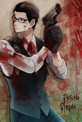 Rule 34 | 1boy, bad id, bad pixiv id, badge, black hair, blood, blood on face, copyright name, glasses, gloves, gun, joseph oda, male focus, solo, the evil within, vest, waistcoat, weapon, yuu (isis7796)