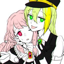 Rule 34 | 2girls, alina gray, an sin, black headwear, black necktie, black vest, blonde hair, cross tie, detached collar, green eyes, green hair, hand on another&#039;s cheek, hand on another&#039;s chin, hand on another&#039;s face, hat, long hair, looking at viewer, magia record: mahou shoujo madoka magica gaiden, magical girl, mahou shoujo madoka magica, multicolored hair, multiple girls, necktie, one eye closed, open mouth, peaked cap, pink eyes, pink hair, sidelocks, simple background, smile, streaked hair, sweatdrop, tamaki ui, tongue, tongue out, upper body, vest, white background