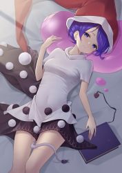 Rule 34 | 1girl, black skirt, blob, blue eyes, blue hair, book, breasts, capelet removed, commentary request, doremy sweet, dream soul, dutch angle, feet out of frame, hand up, hat, highres, indoors, kanpa (campagne 9), light blush, light smile, looking at viewer, lying, medium breasts, nightcap, on back, on bed, parted bangs, parted lips, pom pom (clothes), red hat, shirt, short hair, skirt, solo, swept bangs, tail, tapir tail, touhou, turtleneck, white shirt