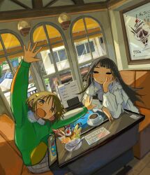 Rule 34 | 2girls, amamoto air, arm up, black eyes, black hair, blush, brown eyes, brown hair, cafe, closed mouth, coffee, cup, day, food, green sweater, half-closed eyes, head rest, highres, indoors, long hair, long sleeves, looking at viewer, multiple girls, open mouth, original, pudding, shirt, short hair, sitting, sweater, table, wall lamp, white shirt, window
