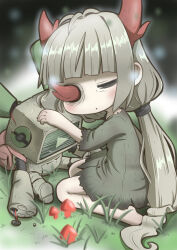 Rule 34 | 1girl, absurdres, barefoot, blunt bangs, blush, broken, buttons, cable, closed mouth, commentary request, cracked screen, dress, facing to the side, facing viewer, from side, grass, grey dress, grey hair, highres, horns, kneeling, light particles, long hair, low twintails, missing eye, mushroom, on ground, one eye closed, robot, robot (void terrarium), sad, short dress, sidelocks, solo, tearing up, toriko (void terrarium), torn clothes, torn dress, toryo (sinsei2413), twintails, very long hair, void terrarium
