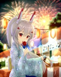 Rule 34 | 1girl, absurdres, alternate costume, ayanami (azur lane), azur lane, blurry, blush, candy apple, chocolate banana, commentary request, cotton candy, depth of field, eyes visible through hair, fireworks, food, food stand, from side, hair ornament, hairclip, head tilt, headgear, highres, holding, japanese clothes, kimono, lantern, licking, long hair, looking at viewer, looking to the side, market stall, night, night sky, orange eyes, retrofit (azur lane), sidelocks, silver hair, sironora, sky, solo, stand, summer festival, translation request, twitter username, wide sleeves, yukata