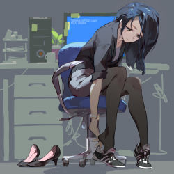Rule 34 | 1girl, adjusting clothes, adjusting shoe, black pantyhose, black shirt, blue hair, brown eyes, chair, full body, high heels, highres, office chair, office lady, original, pantyhose, putting on shoes, shirt, shoes, sitting, skirt, sneakers, solo, swivel chair, tennohi, unworn shoes, watch, wristwatch
