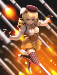 Rule 34 | 10s, 1girl, 3d, beret, blonde hair, blurry, boots, breasts, brown thighhighs, corset, depth of field, detached sleeves, drill hair, eye reflection, fate (series), fingerless gloves, floating, foreshortening, gate of babylon (fate), gloves, gun, hair ornament, hairpin, hat, highres, large breasts, light smile, magical girl, magical musket, mahou shoujo madoka magica, mahou shoujo madoka magica (anime), outstretched arms, perspective, pleated skirt, puffy sleeves, reflection, ribbon, rifle, shirt, short hair, siraha, skirt, solo, spread arms, striped clothes, striped thighhighs, taut clothes, taut shirt, thighhighs, tomoe mami, twin drills, twintails, vertical-striped clothes, vertical-striped thighhighs, weapon, yellow eyes, zettai ryouiki