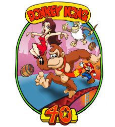 Rule 34 | 1boy, 1girl, anniversary, ape, barrel, beard, blue eyes, breasts, brown hair, building, carrying, cleavage, construction site, cranky kong, donkey kong, donkey kong (1981 game), donkey kong (series), donkey kong country, earrings, eyelashes, facial hair, gloves, grin, hat, highres, holding, jewelry, jumping, lipstick, long hair, looking at viewer, makeup, mario, mario (series), mustache, nintendo, pauline, pauline (mario), red skirt, running, skirt, smile, stick, thumbs up